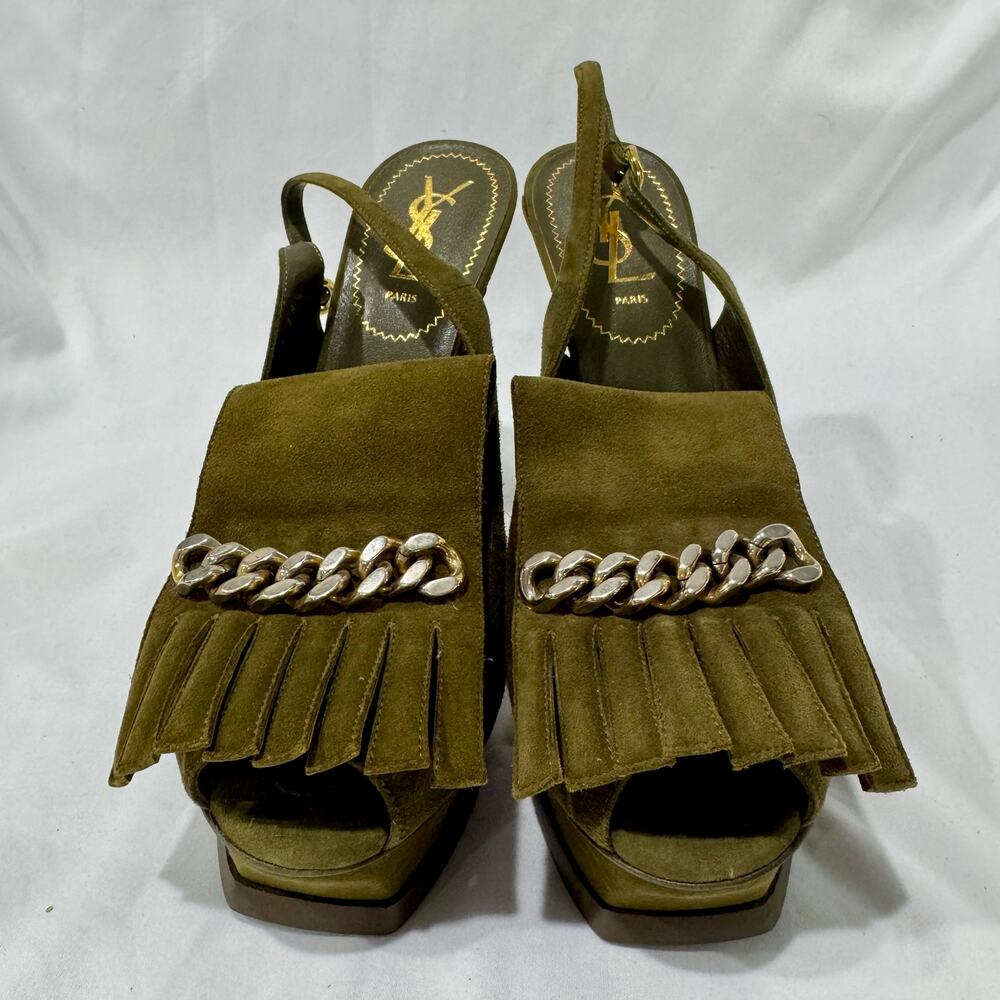 Yves Saint Laurent YSL Tribute Olive Suede Fringe Chain Platform Heels 38.5